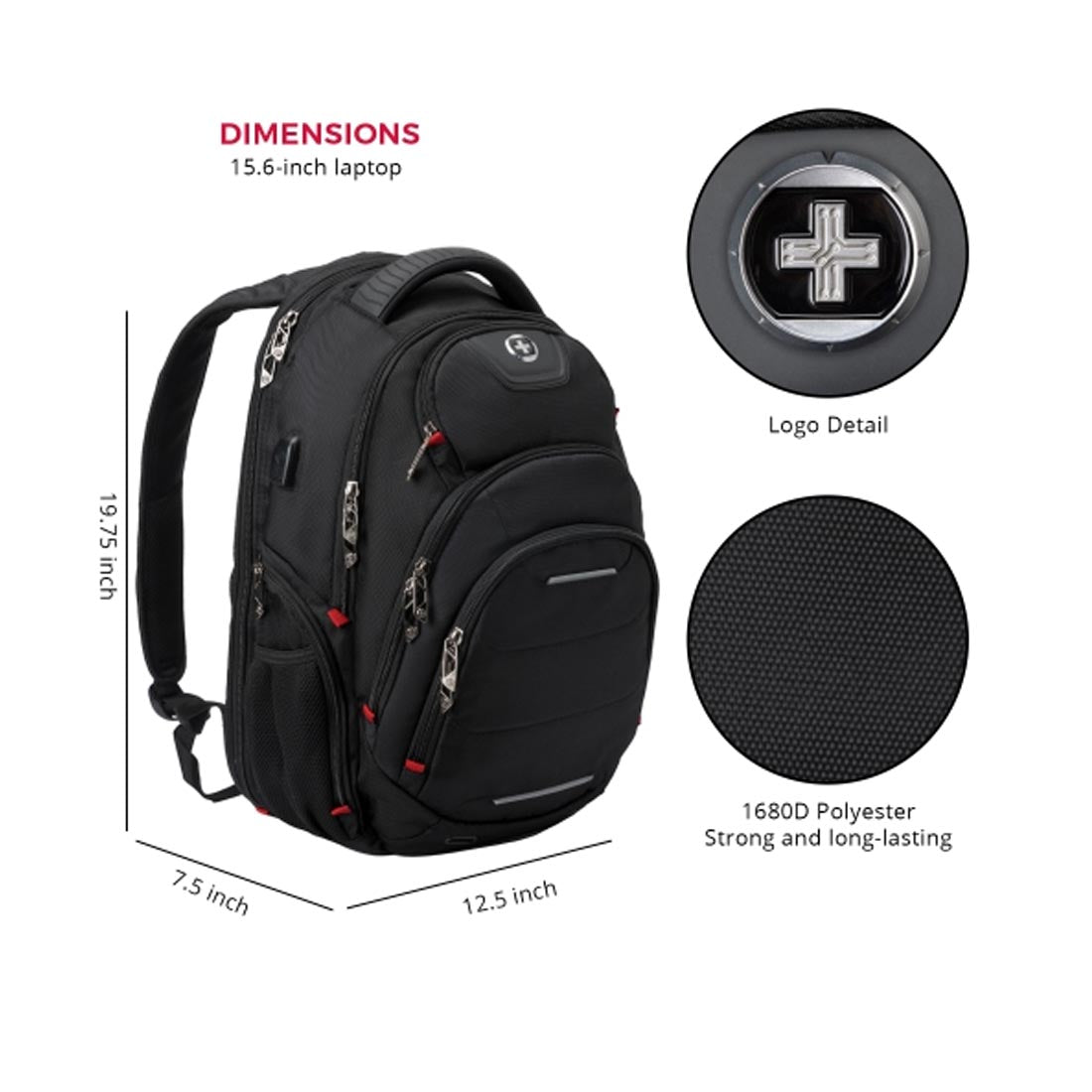Swissdigital SD1003BT02506-01 16" Laptop Backpack USB Charging - Black