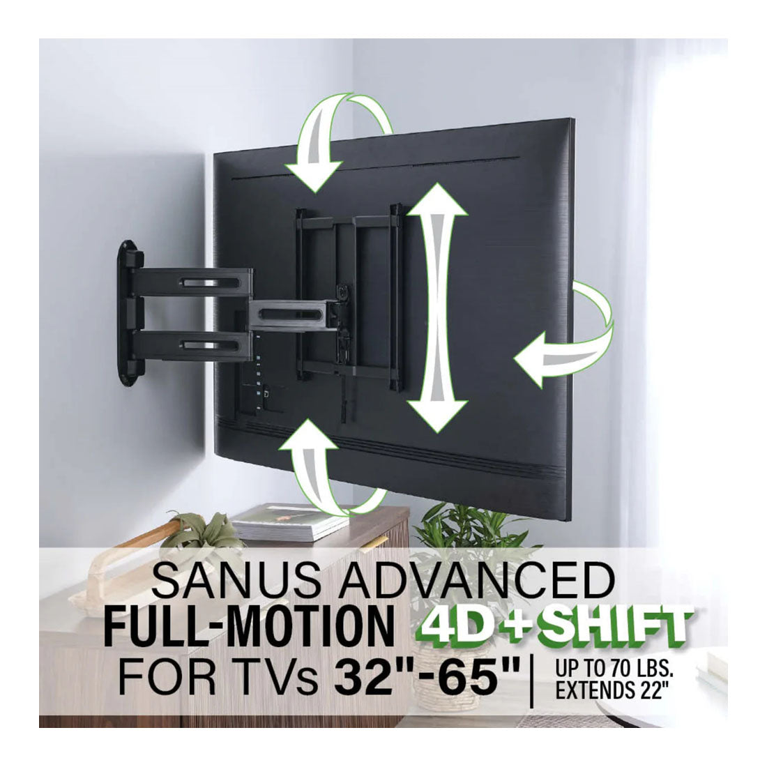 Sanus VMF822-B3 Advanced Full Motion 4D Shift TV Wall Mount for TVs 32"-65"