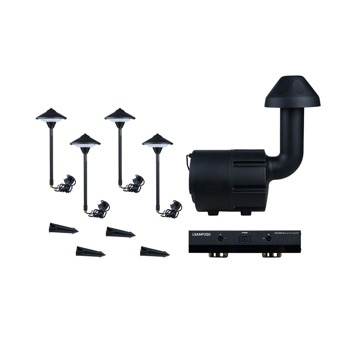 SixFive LSKIT8AMPBLK - Premium Outdoor 4 Speaker Lights, Subwoofer and Amplifier Set