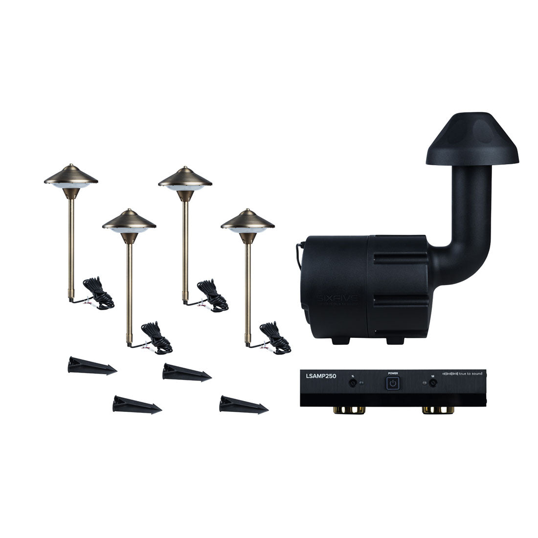 SixFive LSKIT8AMPBLK - Premium Outdoor 4 Speaker Lights, Subwoofer and Amplifier Set