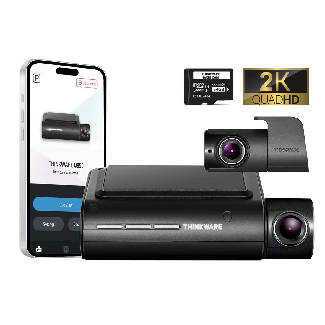 Thinkware Q850DH64 2-Channel 2K Front + 1080P Rear Dash Cam with WiFi & 64GB SD Card