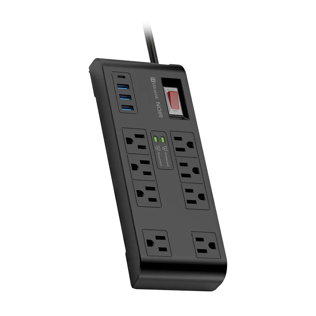 Ultralink ULN800XR1 Noir Surge Protector With 8 Outlets - 3 USB-A + 1 USB-C 20W