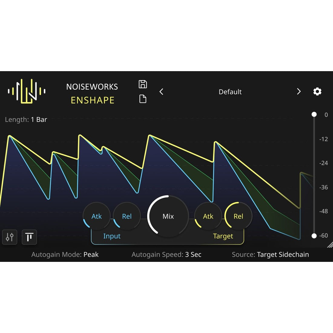 Enshape transient designer plugin, advanced view: input and target envelopes over the waveform, Attack, Release and Mix controls and the Autogain settings