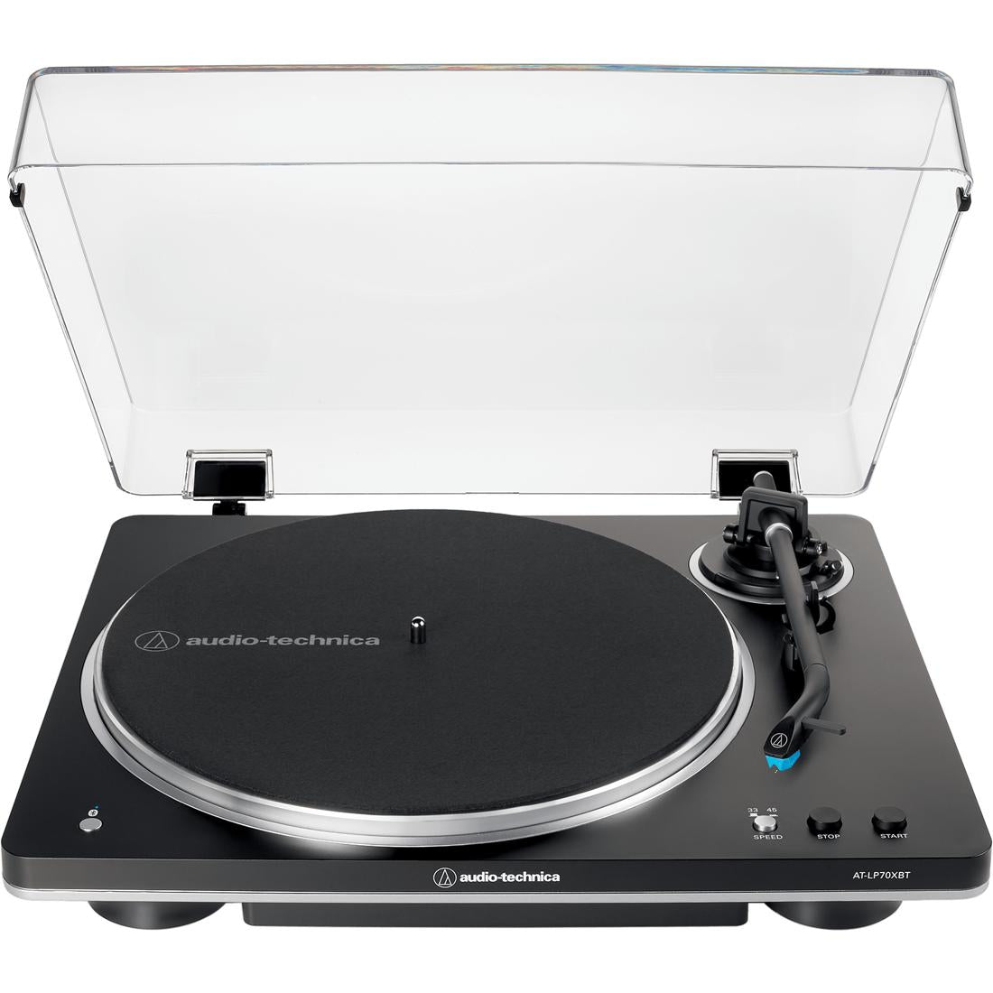 Audio-Technica AT-LP70XBT turntable in Black/Silver finish with dust-cover open