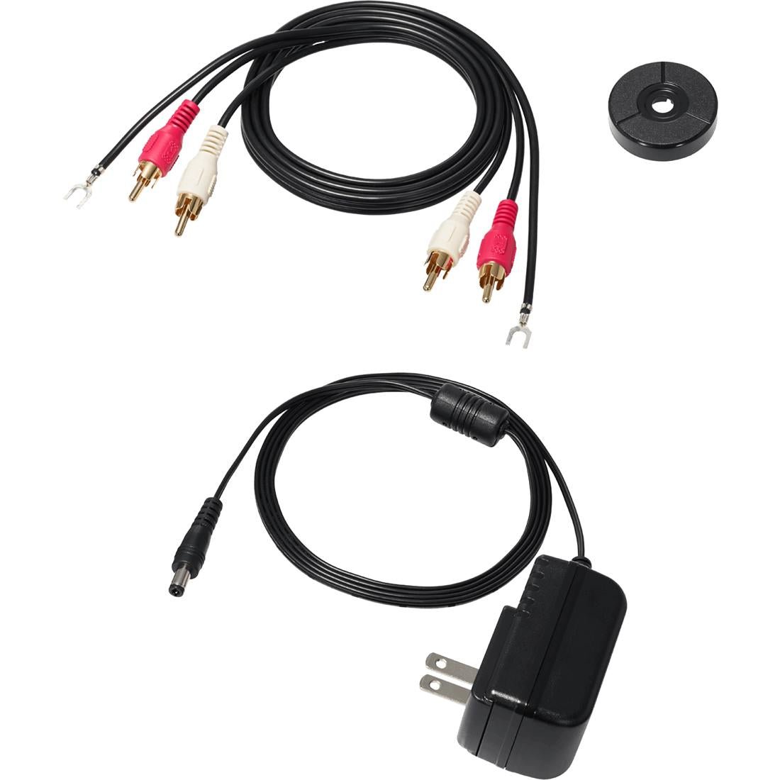 Accessories included with Audio-Technica AT-LP70XBT: AC adapter, RCA audio cable, 45 RPM adapter