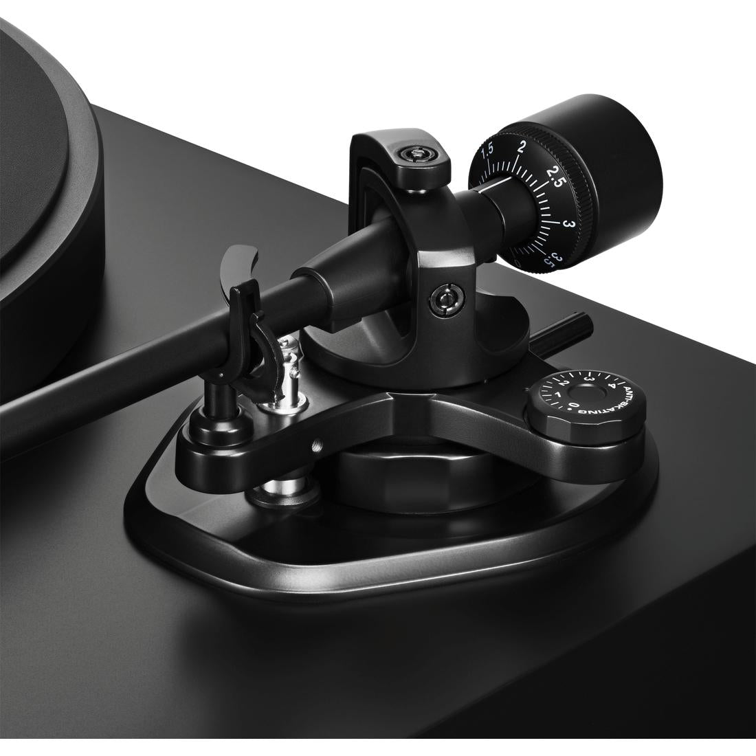 Close-up of tonearm and counterweights on Audio-Technica AT-LP8X