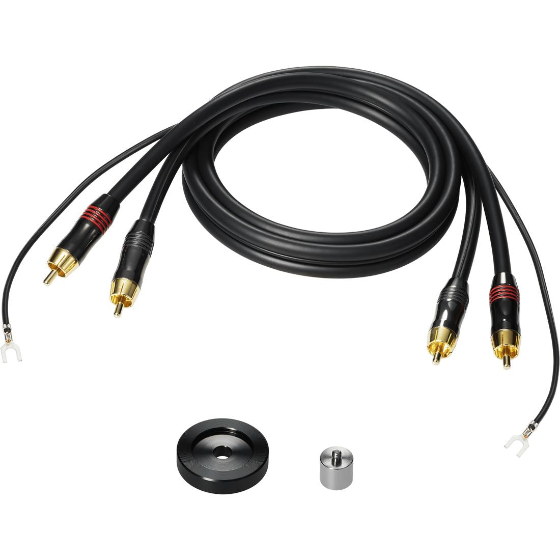 Accessories included with Audio-Technica AT-LP8X: RCA audio cable, 45 RPM adapter, and subcounterweight