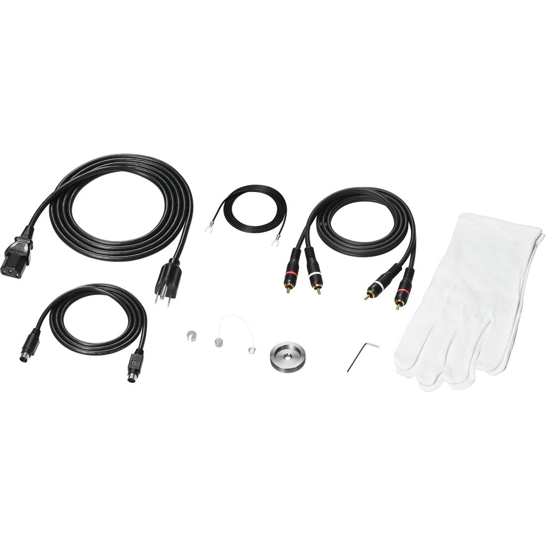 RCA cables, ground wire, 45 RPM adapter, hex wrench for tonearm, and white inspection gloves, included with AT-LPA2