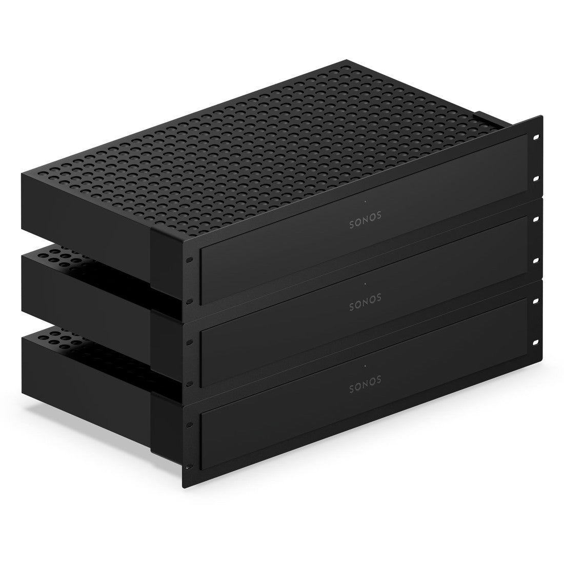 Three Sonos Amp Multis installed in an open rack using the Amp Multi Rack Mount