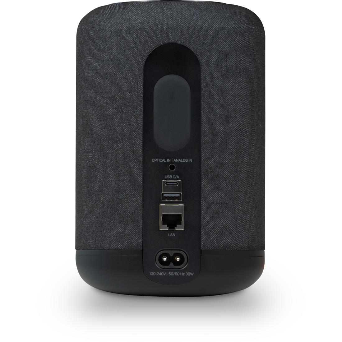 Bluesound PULSE FLEX wireless speaker in black/charcoal, rear I/O