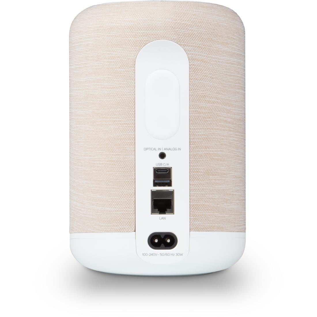 Bluesound PULSE FLEX wireless speaker in white/tan, rear I/O panel