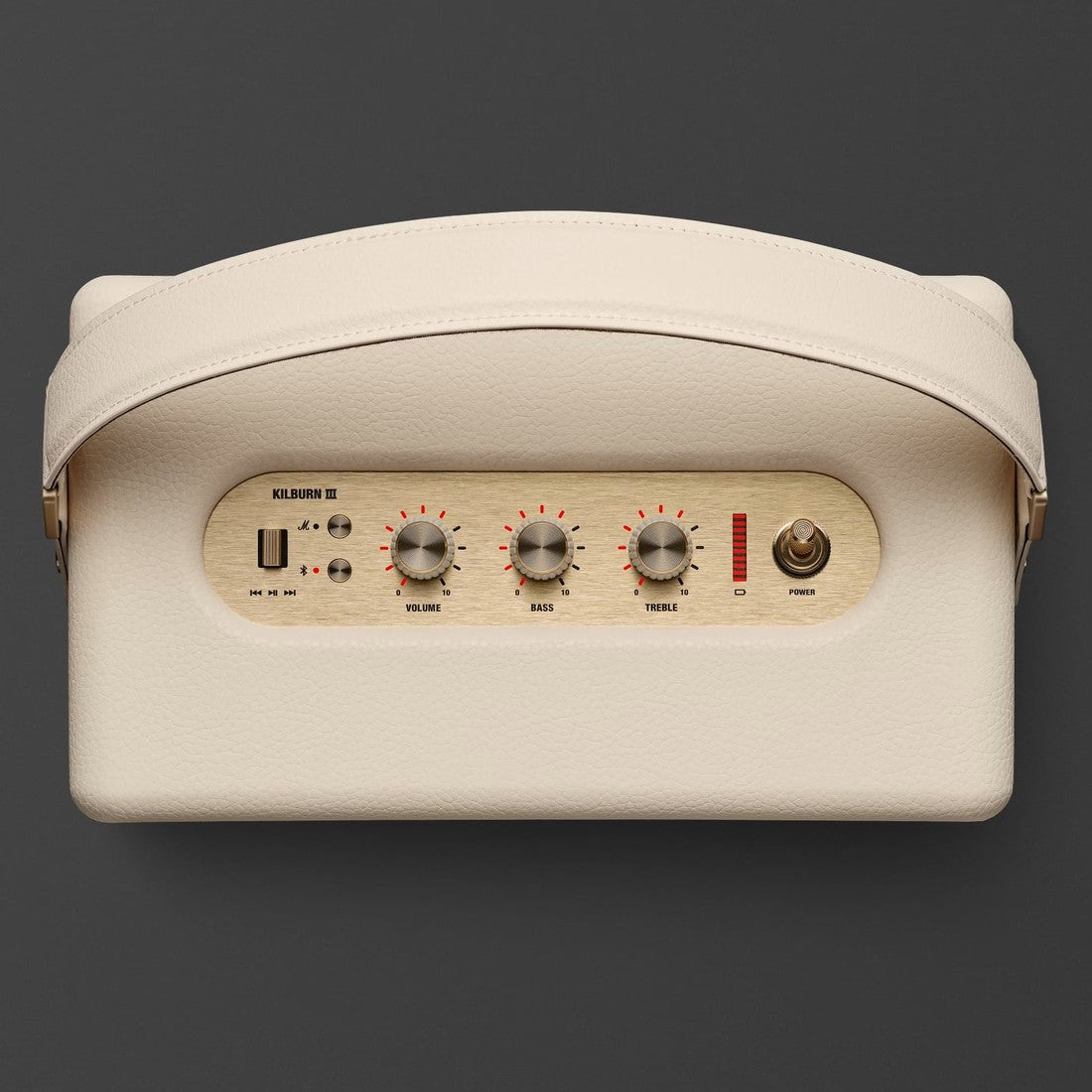 Marshall Kilburn III Cream portable speaker shown from above with a control panel featuring three knobs, a power switch, and input ports.
