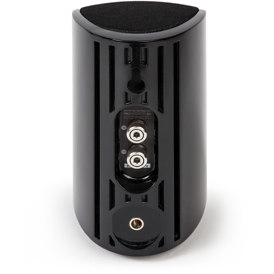 Definitive Technology Pro Monitor 6D Satellite Speaker rear, showing terminals, keyhole slot, and threaded insert
