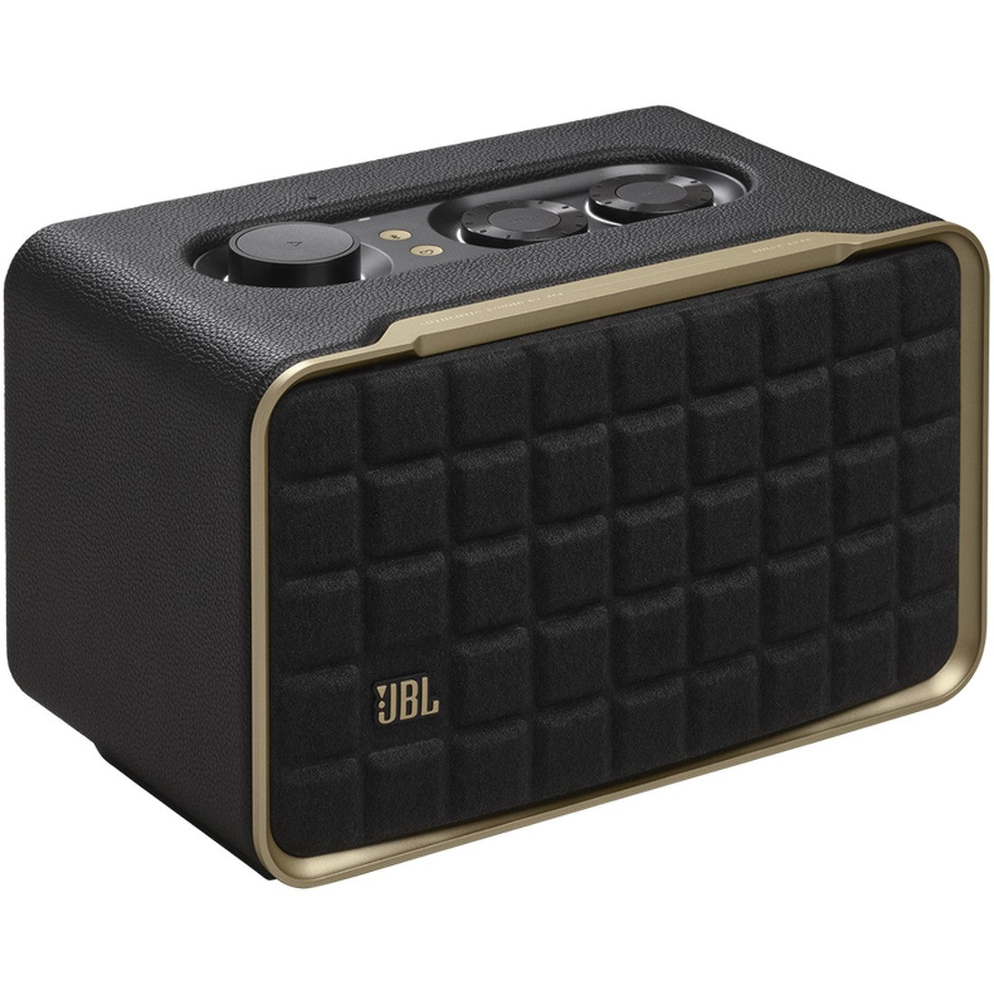 Black and gold JBL speaker on a white background