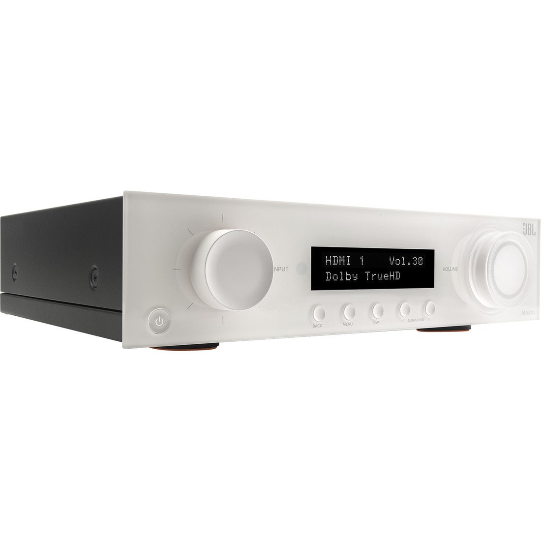 White JBL MA310 AV receiver with display and control buttons
