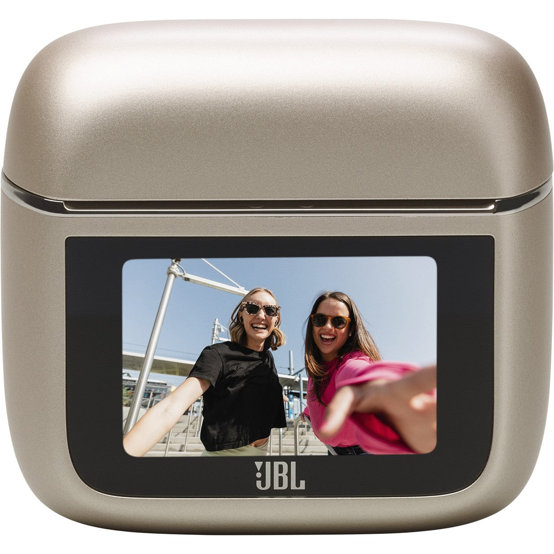 JBL Tour Pro 3 wireless earbuds Smart Charging Case with a screen displaying two women