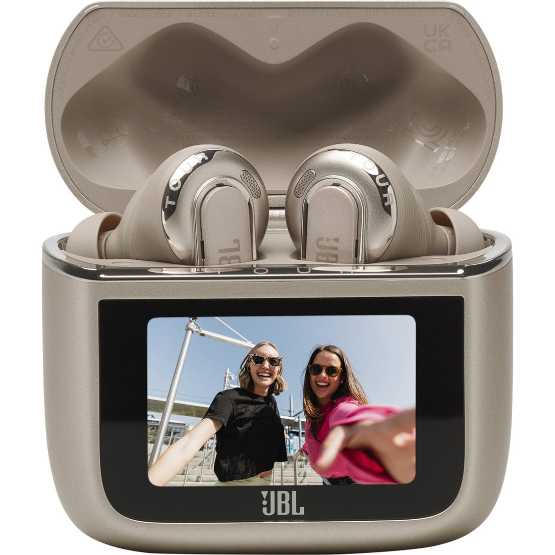 JBL Tour Pro 3 wireless earbuds in Smart Charging Case with touchscreen displaying two people.