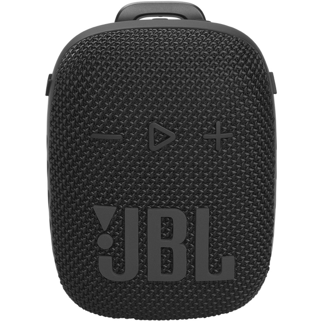 Black JBL portable speaker with a textured fabric grille and embossed control buttons and JBL logo, shown on a plain white background.