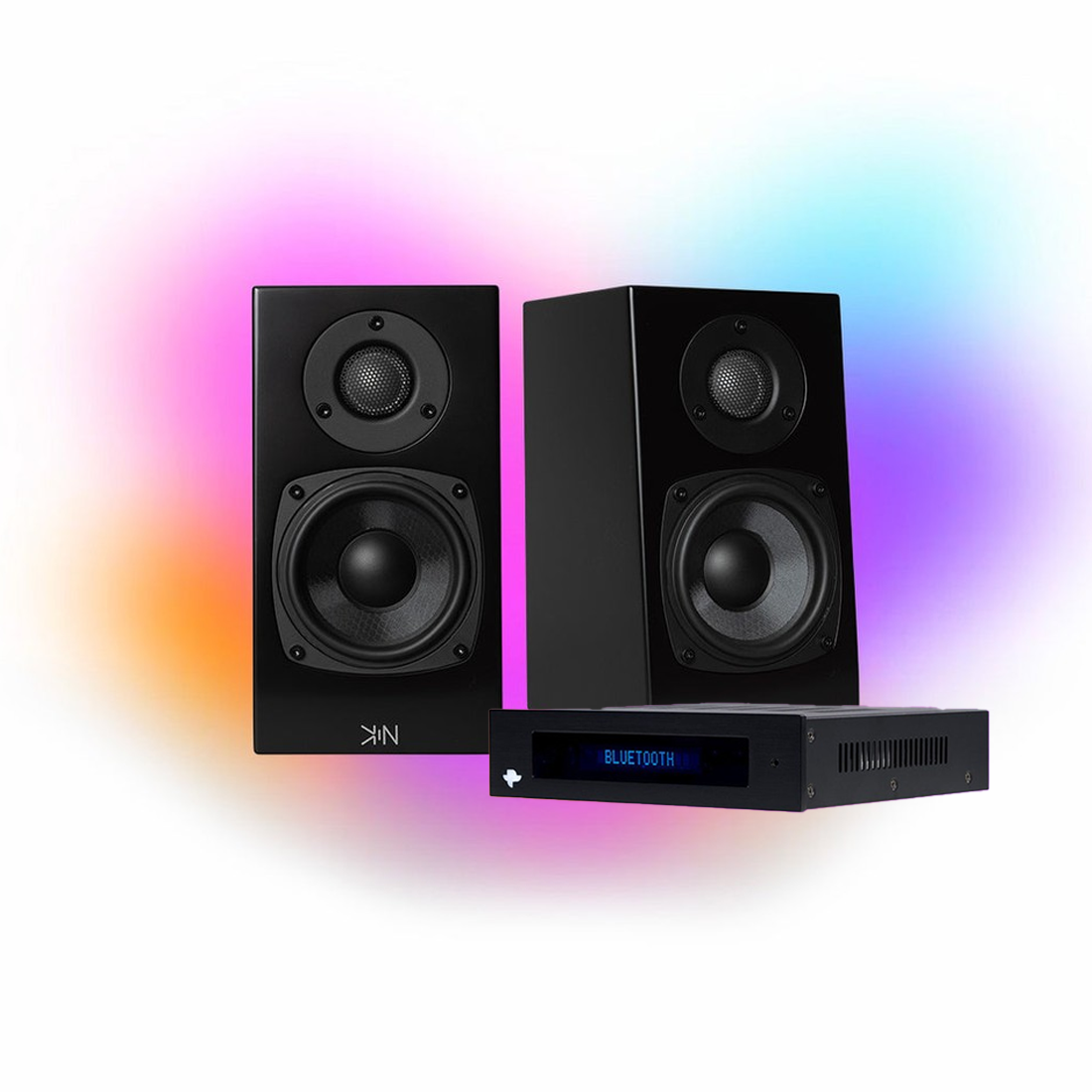 KIN One Bookshelf Speakers with 4" Woofer - Pair | KIN Amp Bluetooth Stereo Amplifier - BLACK - BUNDLE