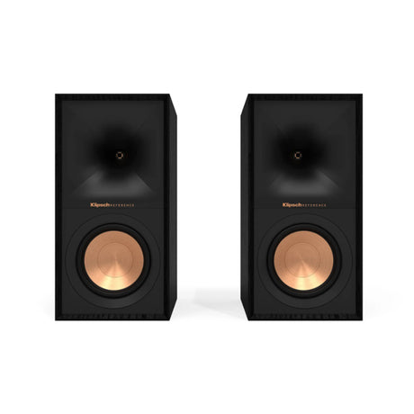 Klipsch R-40M bookshelf speaker pair—front view, no grilles