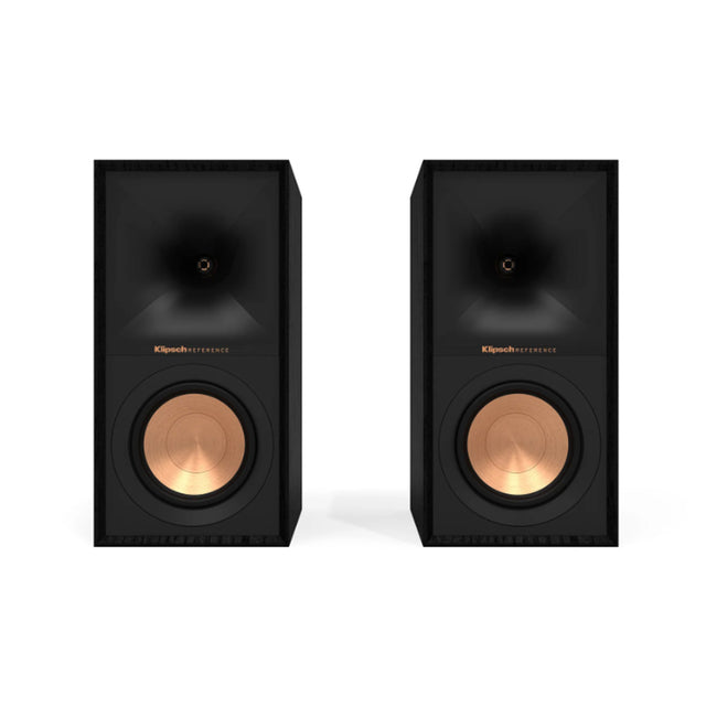 Klipsch R-40M bookshelf speaker pair—front view, no grilles