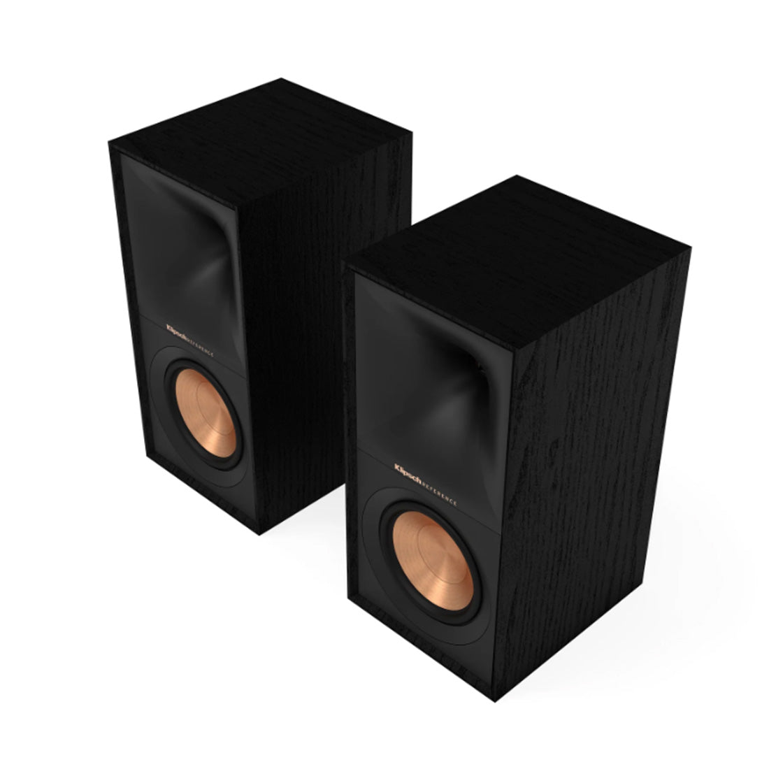Klipsch R-40M bookshelf speaker pair without grilles, viewed from front-three-quarter angle.