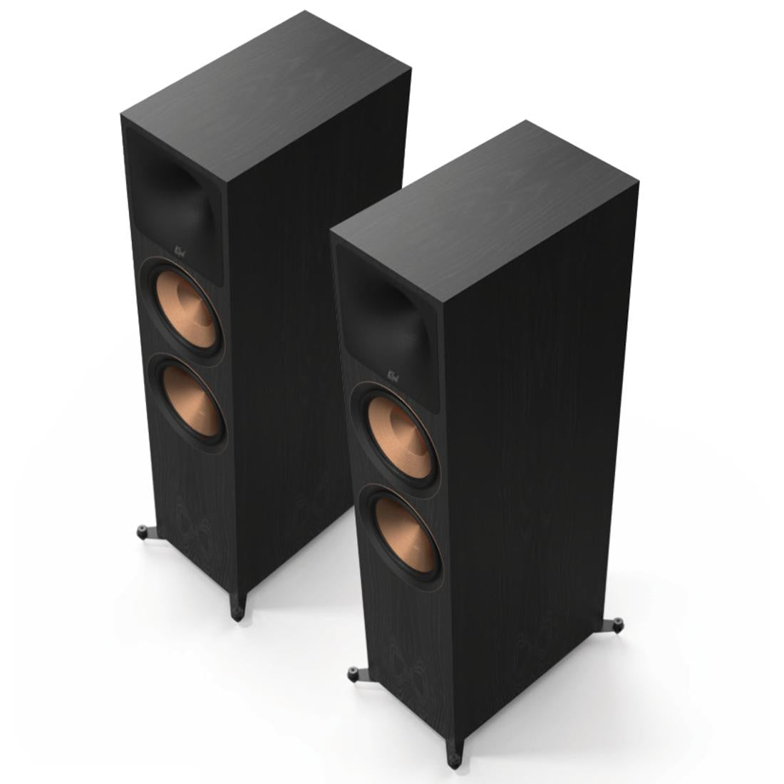 Two ebony Klipsch Reference Premiere III floorstanding speakers with wood-grain finish and copper-hued Cerametallic woofers, shown on a clean white background.