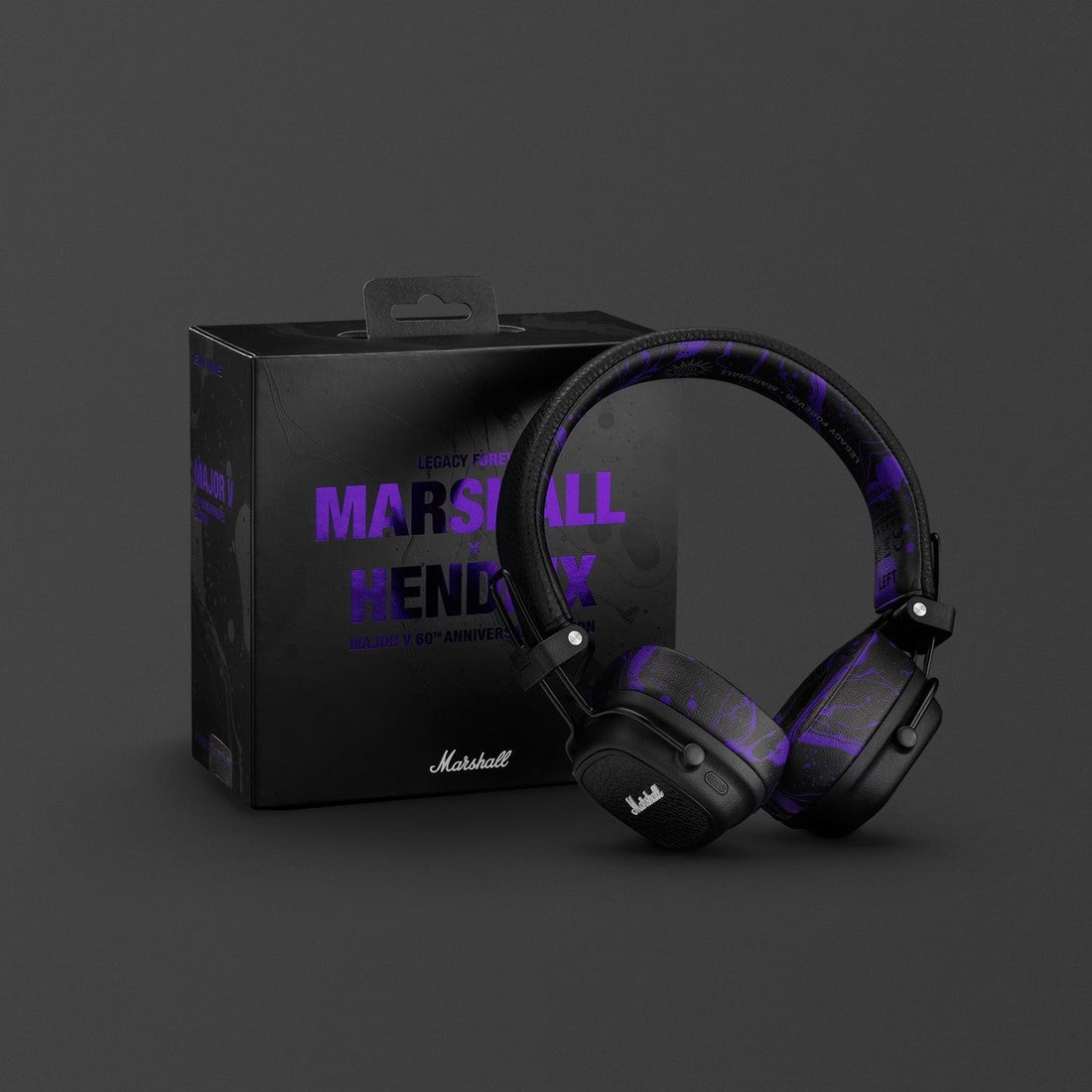 Marshall Hendrix Limited Edition headphones displayed next to their matching packaging, set against a plain dark background.