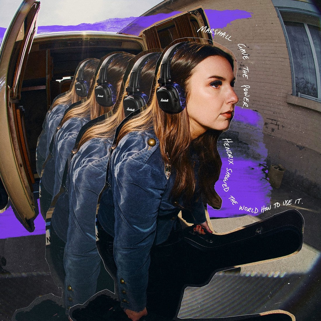 A woman wearing Major V Hendrix Edition headphones and a blue jacket, carrying a guitar case.