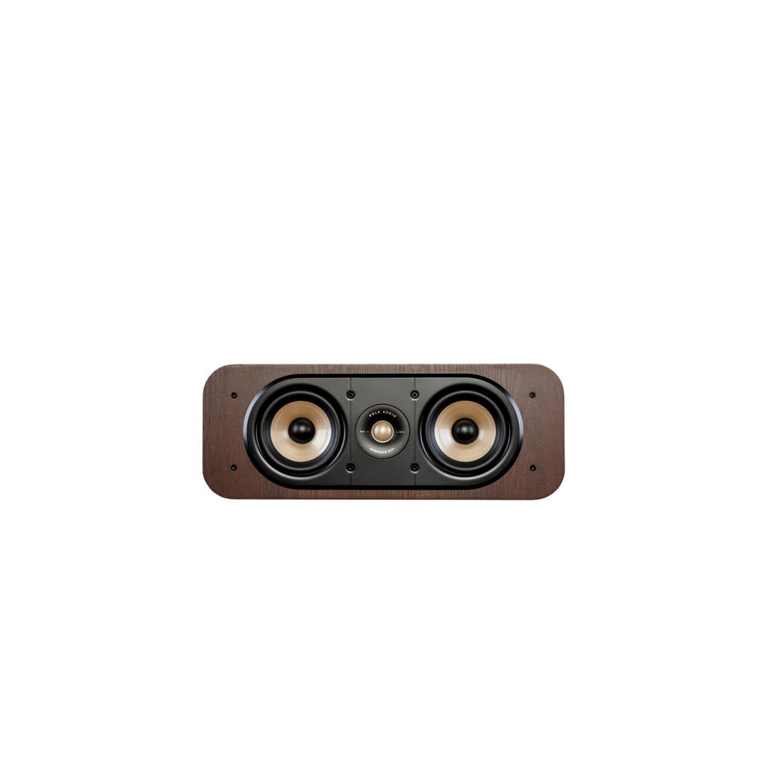 Polk Signature Elite ES30 center channel speaker in brown finish, front view without grille