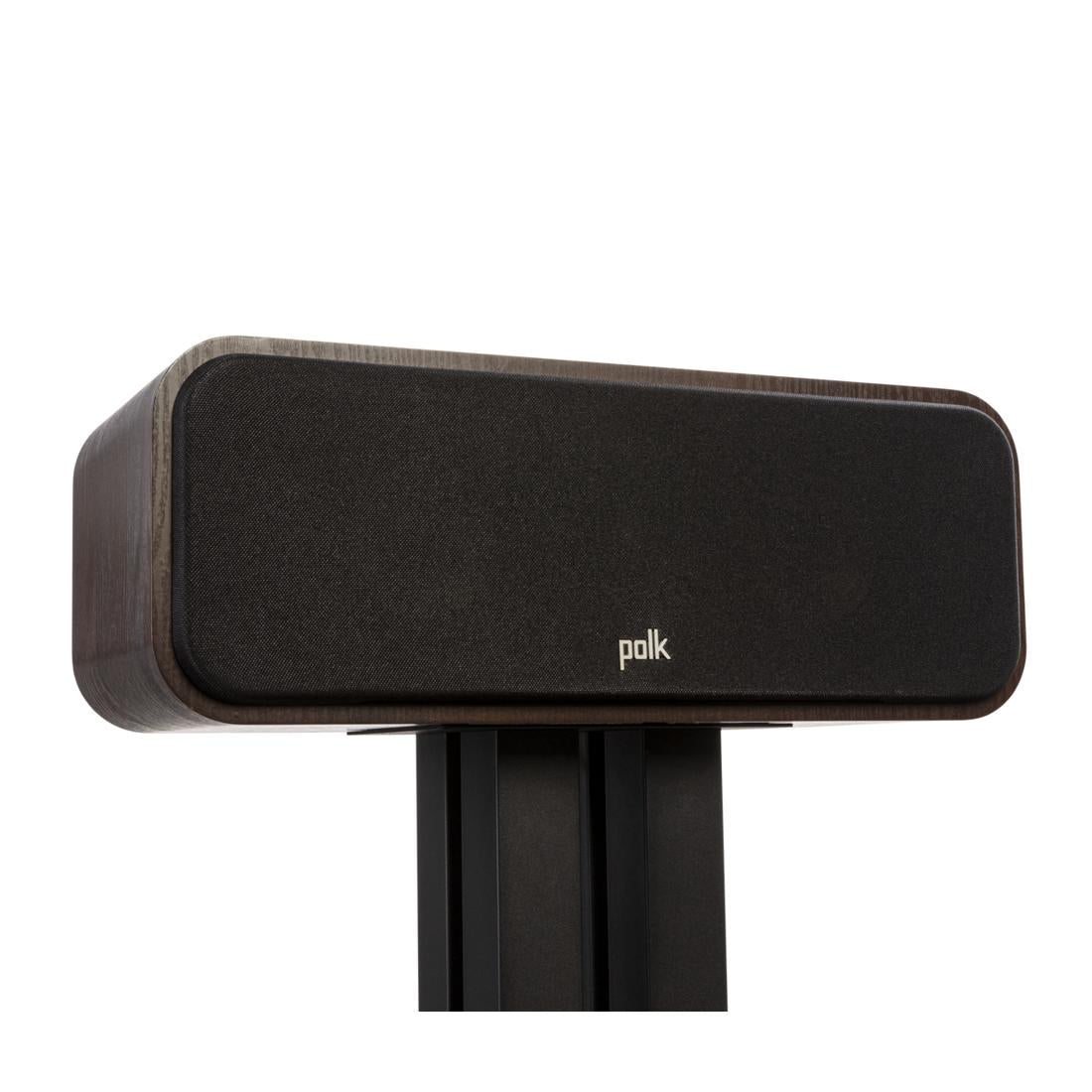 A brown Polk Signature Elite ES30 center channel speaker on a stand