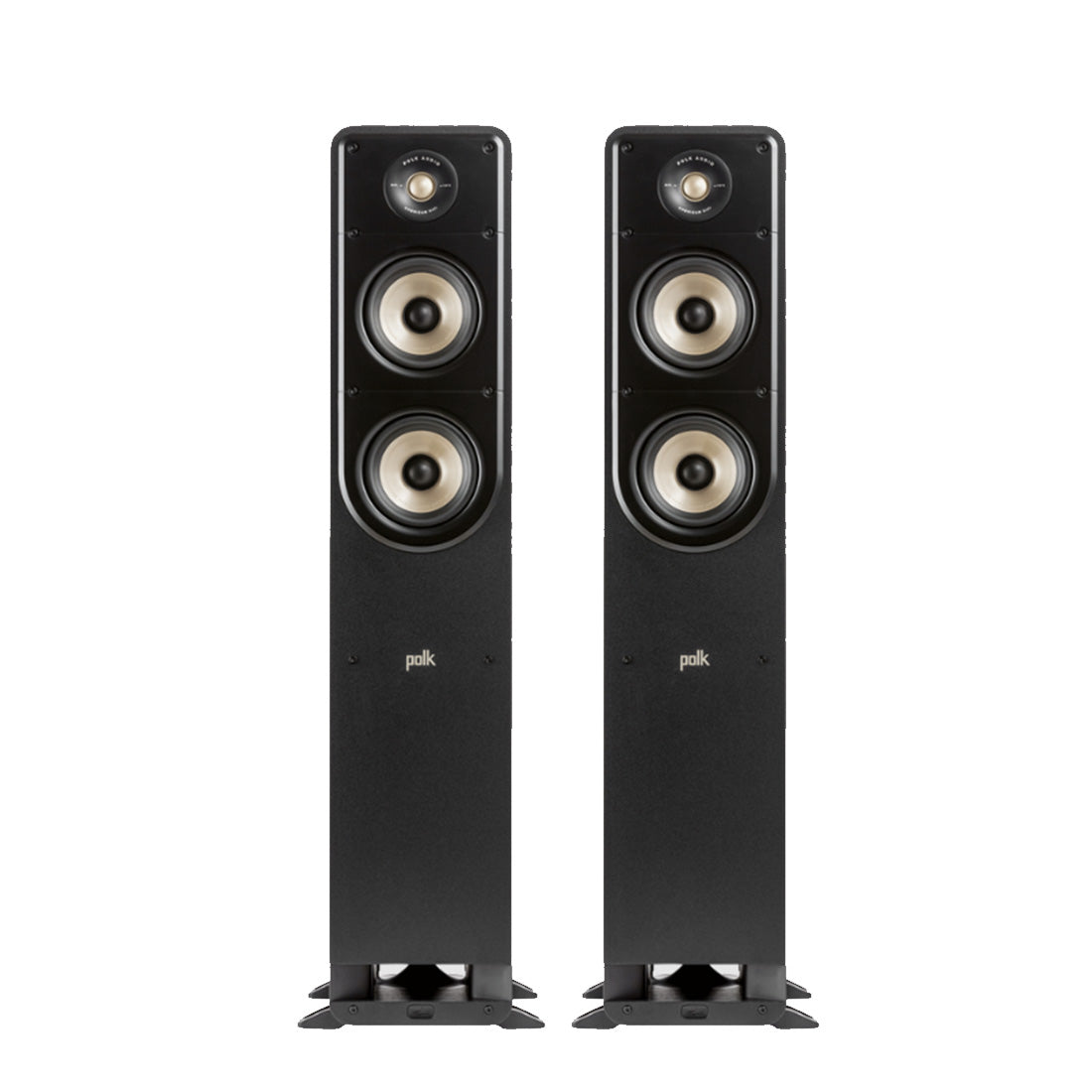 A pair of Polk Audio ES50 Signature Elite Floor Standing Loudspeakers, featuring a black finish and multiple speaker drivers visible on the front panel.