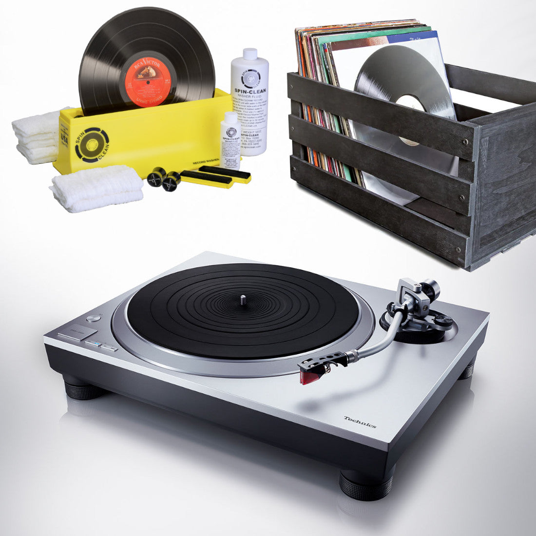 Technics SL-1500C Turntable with Spin-Clean and Record Crate Bundle