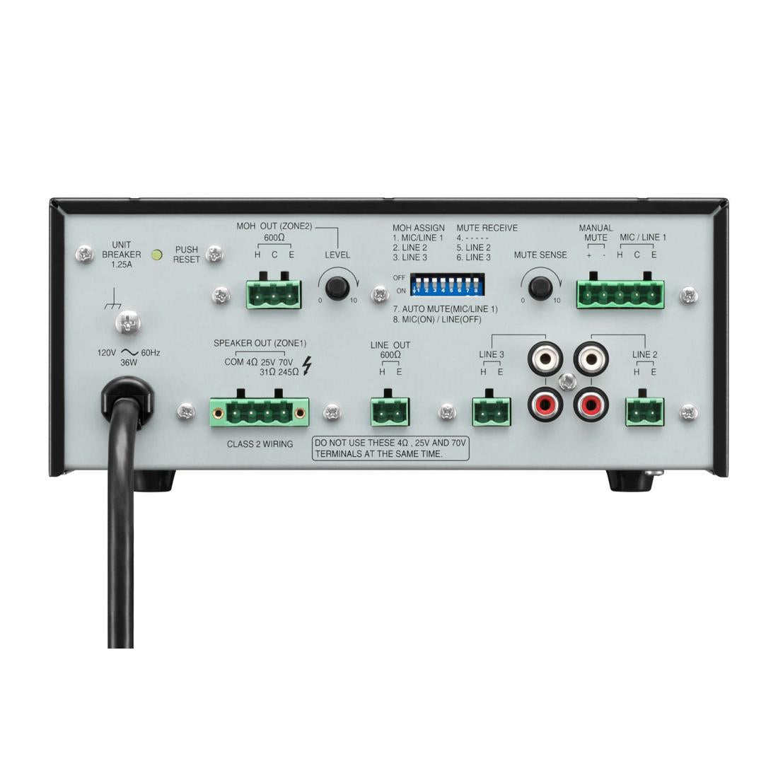 Back panel of a TOA BG Series mixer amplifier