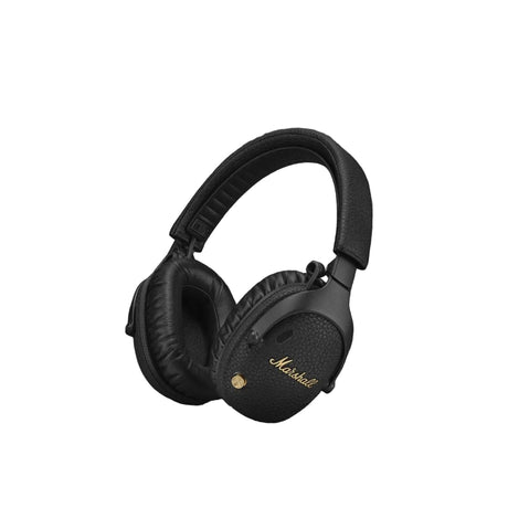 Marshall Monitor III A.N.C. Black over-ear bluetooth headphones featuring gold accents, displayed against a dark background.