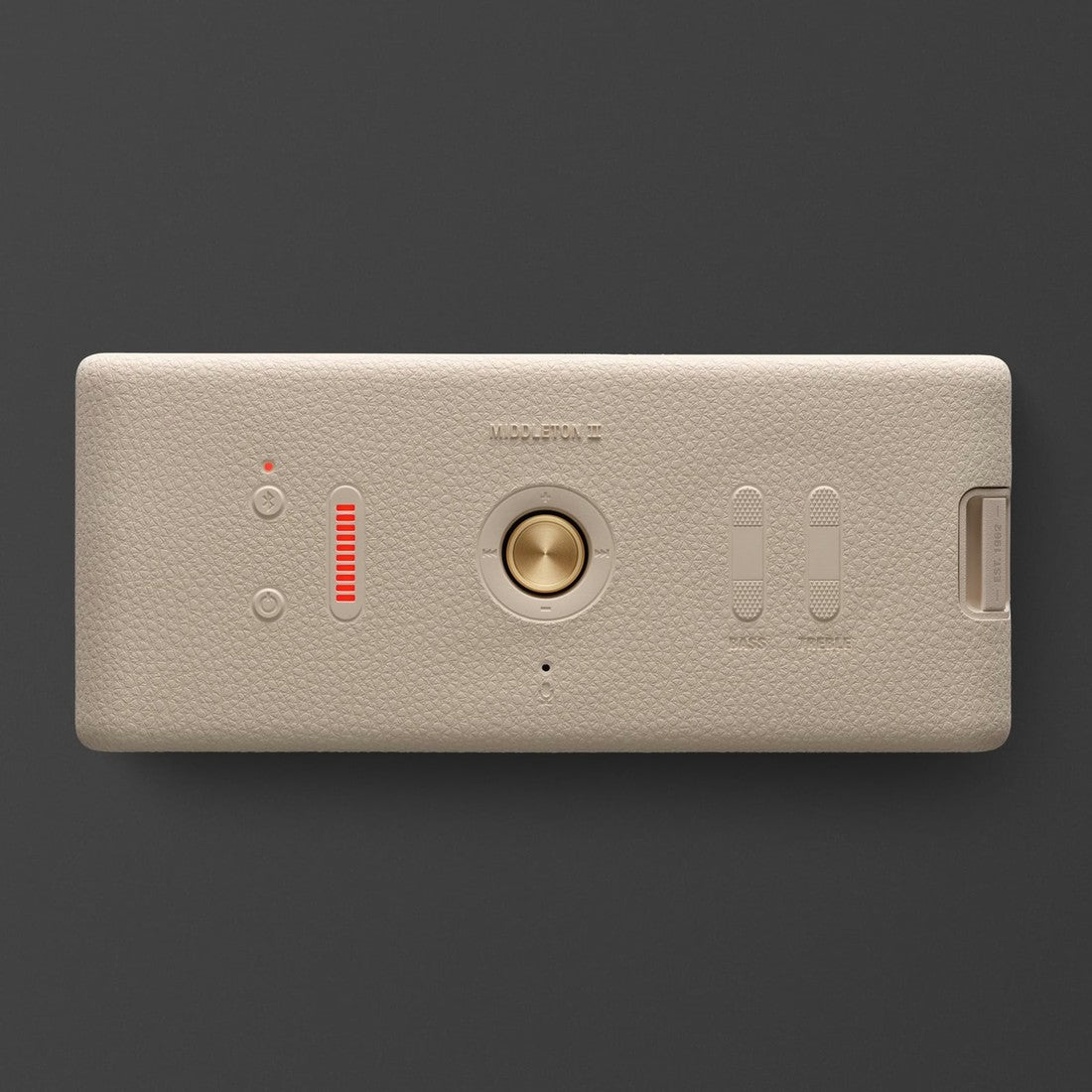 Marshall Middleton II Cream portable Bluetooth speaker featuring a central round button, red indicator, two switches, and a slider.