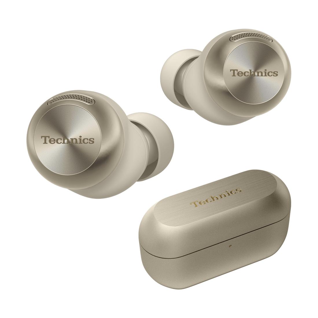 Technics AZ100 earbuds and charging case in champagne gold