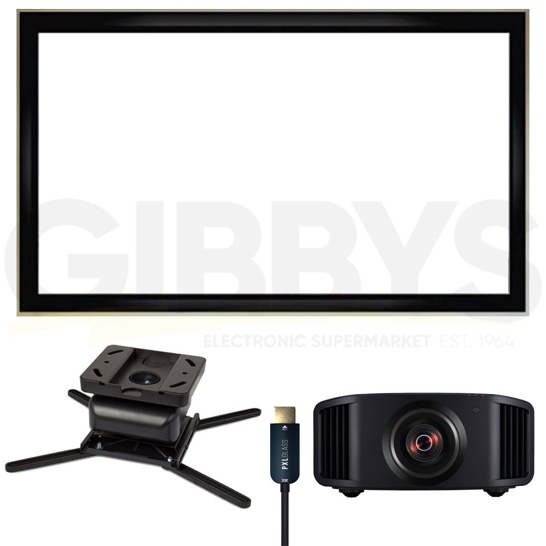 JVC DLA-NP5B Home Theatre D-ILA Projector | Strong SM-PROJ-XL-BLK Projector Mount | LX-120G169 120” 16:9 Fixed Screen | Pixelgen PXL-HFC15 15m HDMI Cable Bundle
