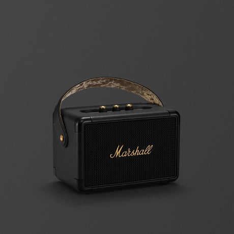 Kilburn II Black and Brass, a Marshall bluetooth speaker in black with a leather strap.