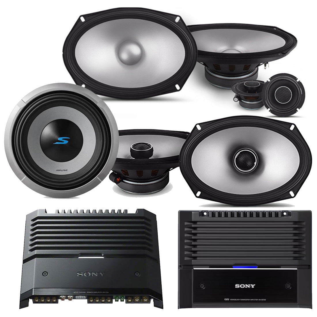 Alpine S2-S69C 6"x9" Component Speakers | Alpine S2-S69 6"x9" Speakers | S2-W10D2 10” DVC Subwoofer | Sony XM-GS4 4-Channel Amplifier | XM-GS100 Mono Amplifier - Bundle