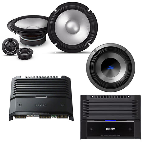Alpine S2-S65C 6.5" Component Speaker System | S2-W12D4 12” DVC Subwoofer | Sony XM-GS4 4-Channel Amplifier | XM-GS100 Mono Amplifier - Bundle