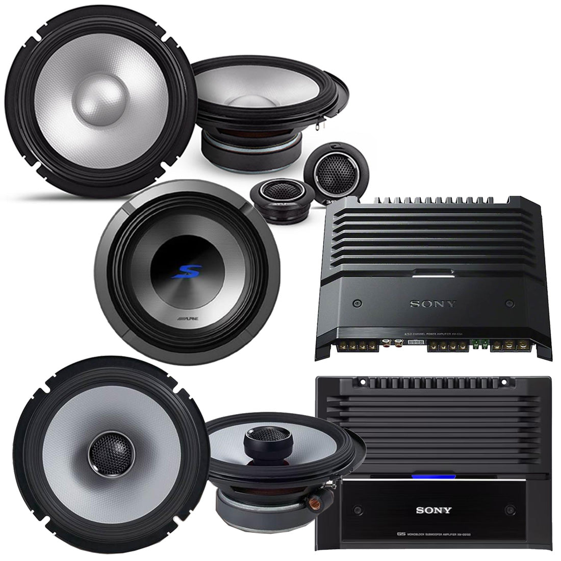 Alpine S2-S65C 6.5" Component Speaker System | S2-S65 6.5" Speakers | S2-W12D4 12” DVC Subwoofer | Sony XM-GS4 4-Channel Amplifier | XM-GS100 Mono Amplifier - Bundle