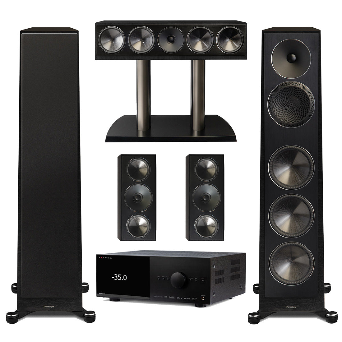 Anthem MRX 1140 Receiver | Paradigm Founder 120H Floor Standing Speakers | Founder 90C Center Channel | Founder 70LCR Bookshelf Speakers - Black Walnut - Bundle