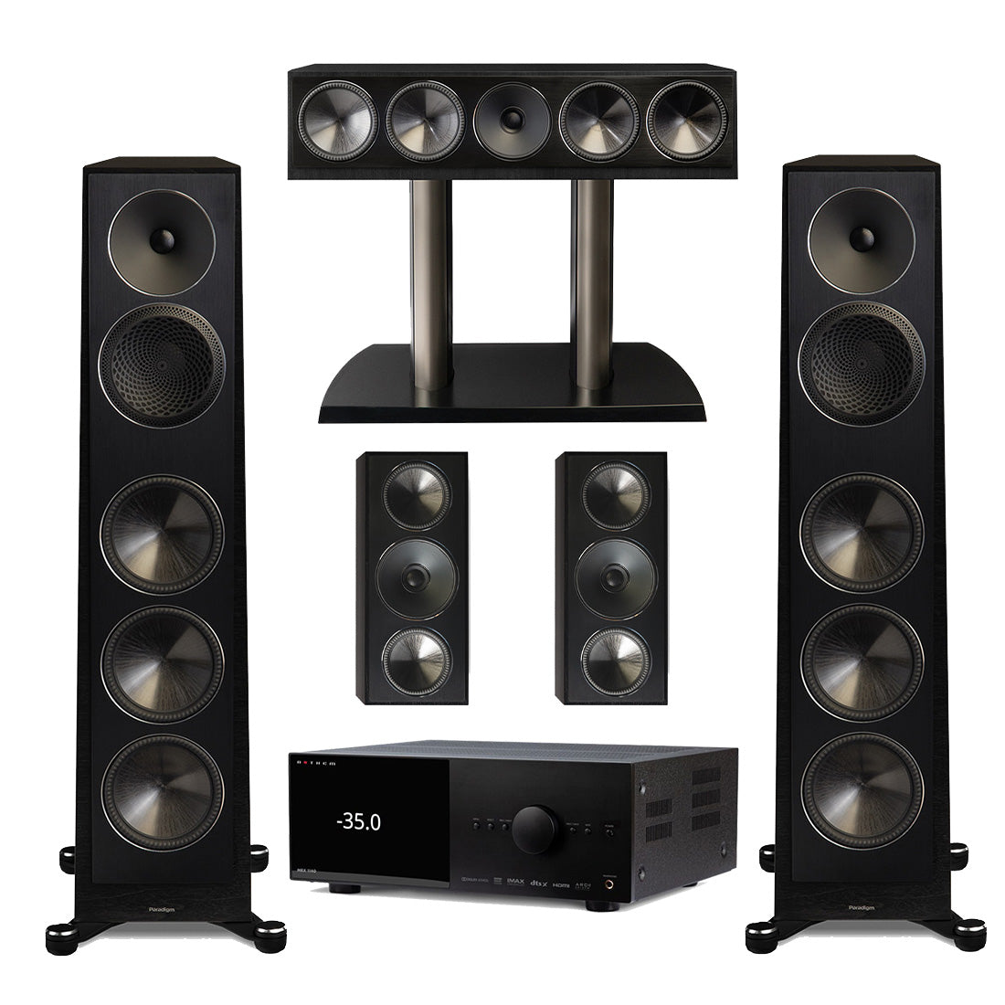 Anthem MRX 1140 Receiver | Paradigm Founder 100F Floor Standing Speakers | Founder 90C Center Channel | Founder 70LCR Bookshelf Speakers - Black Walnut - Bundle