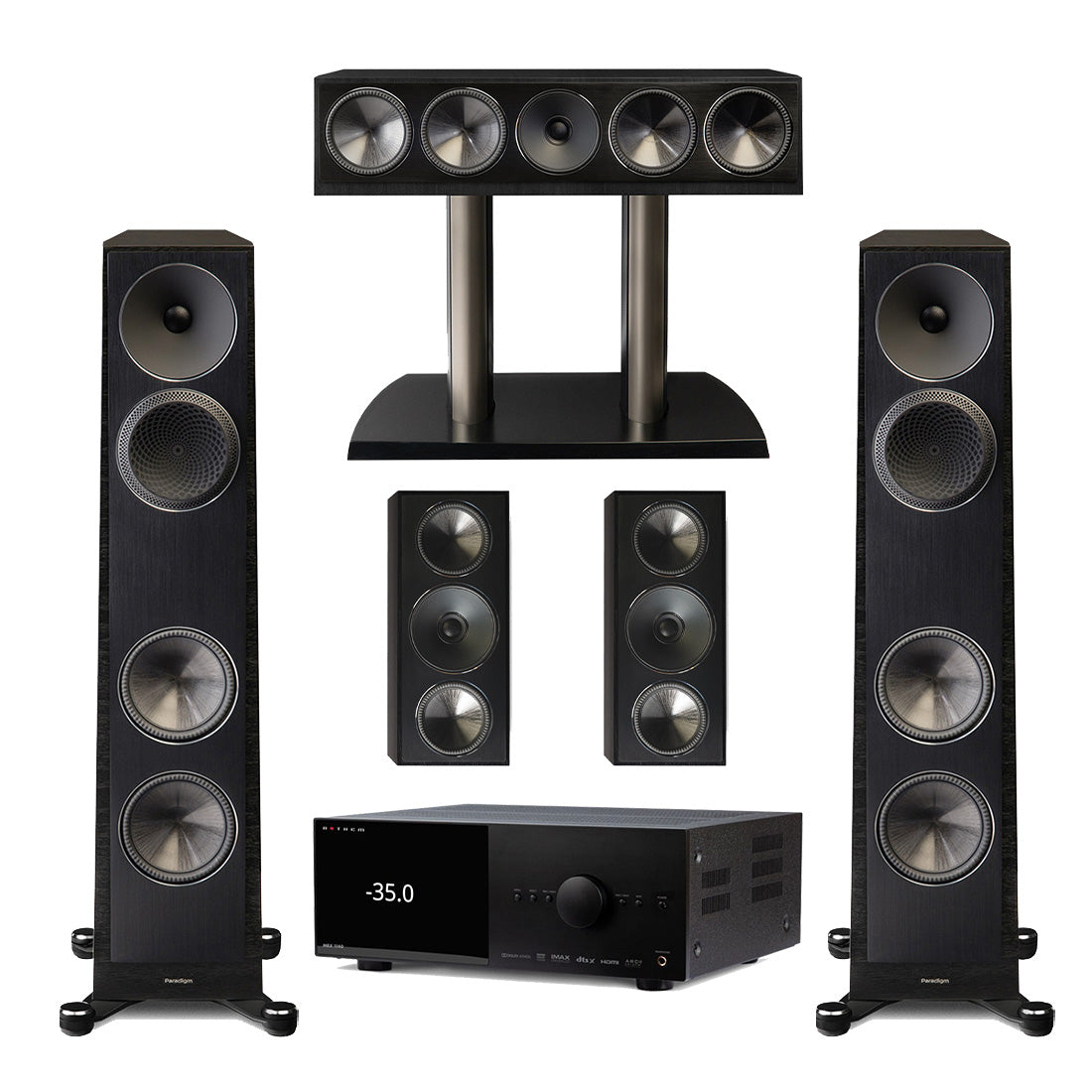 Anthem MRX 1140 Receiver | Paradigm Founder 80F Floor Standing Speakers | Founder 90C Center Channel | Founder 70LCR Bookshelf Speakers - Black Walnut - Bundle