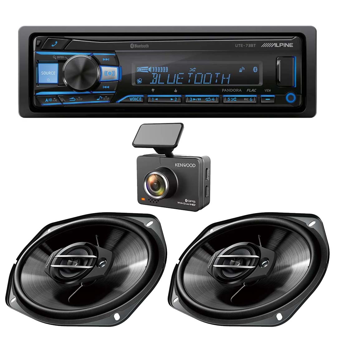 Alpine UTE-73BT Digital Media Receiver | Pioneer TS-G6930F 6x9" Speakers | Kenwood DRV-A510W Dash Cam Bundle