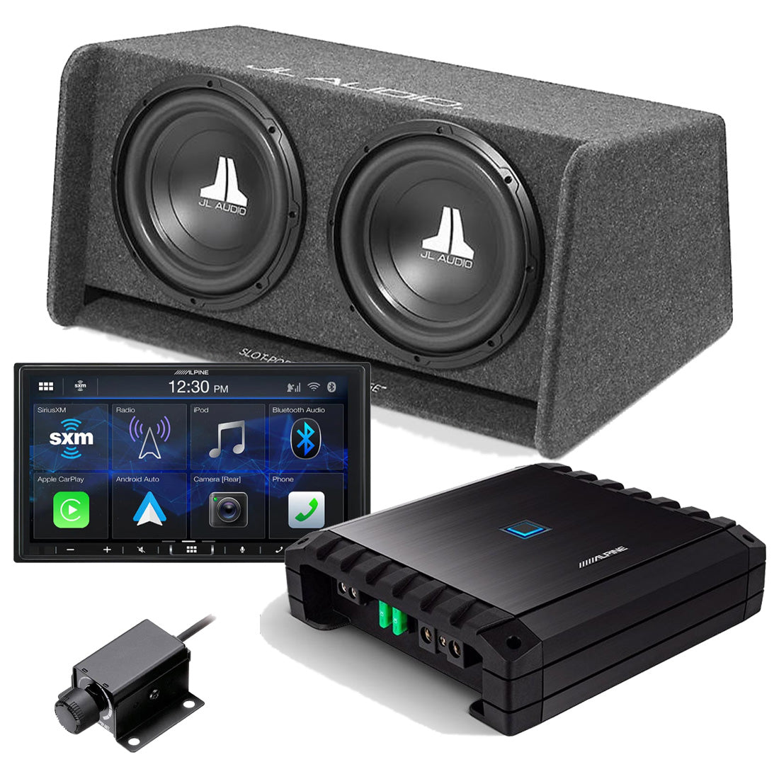 Alpine ILX-407 Digital Multimedia Car Receiver | Alpine S2-A60M Mono Amplifier | Alpine RUX-KNOB.2 Remote Control |JL Audio CP212-W0V3 12" Subwoofer - #93283 Bundle