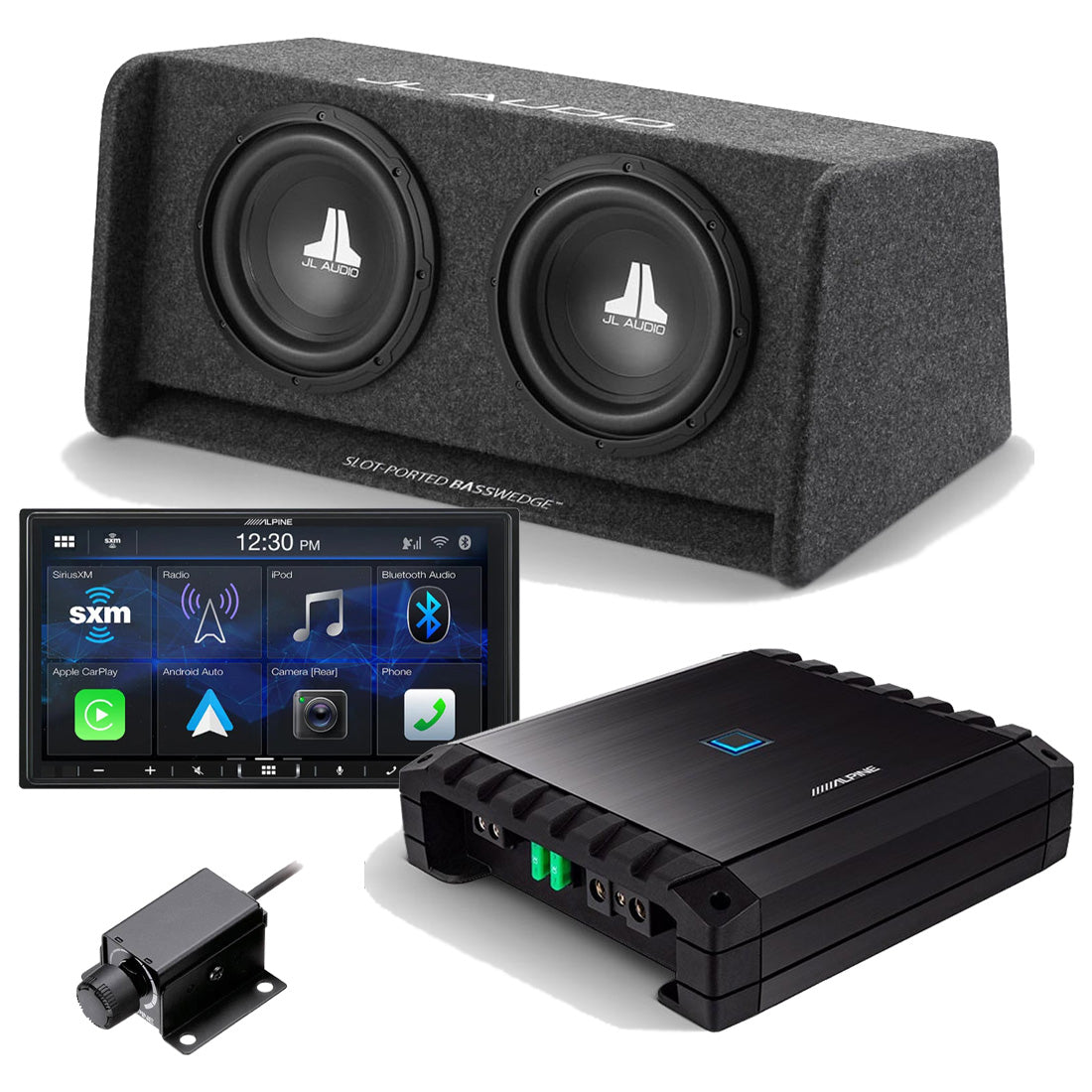 Alpine ILX-407 Digital Multimedia Car Receiver | S2-A60M Mono Amplifier | RUX-KNOB.2 Remote Control | JL Audio CP210-W0V3 10" Subwoofer - #93265 Bundle