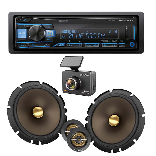 Alpine UTE-73BT Digital Media Receiver | Pioneer TS-A653CH 6.5" Component Speaker System | Kenwood DRV-A510W Dash Cam Bundle