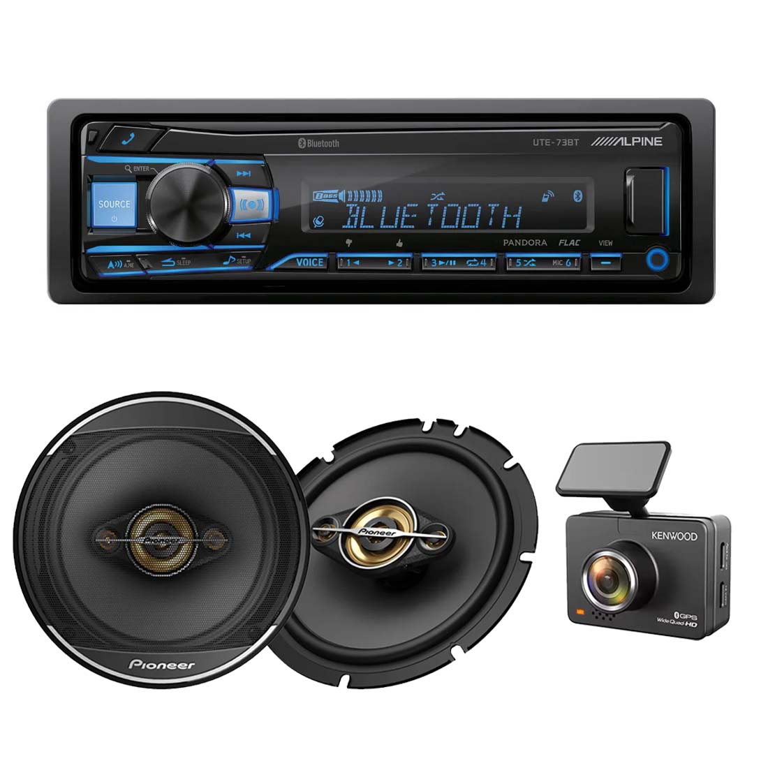 Alpine UTE-73BT Digital Media Receiver | Pioneer TS-A1681F 6.5" Speakers | Kenwood DRV-A510W Dash Cam Bundle